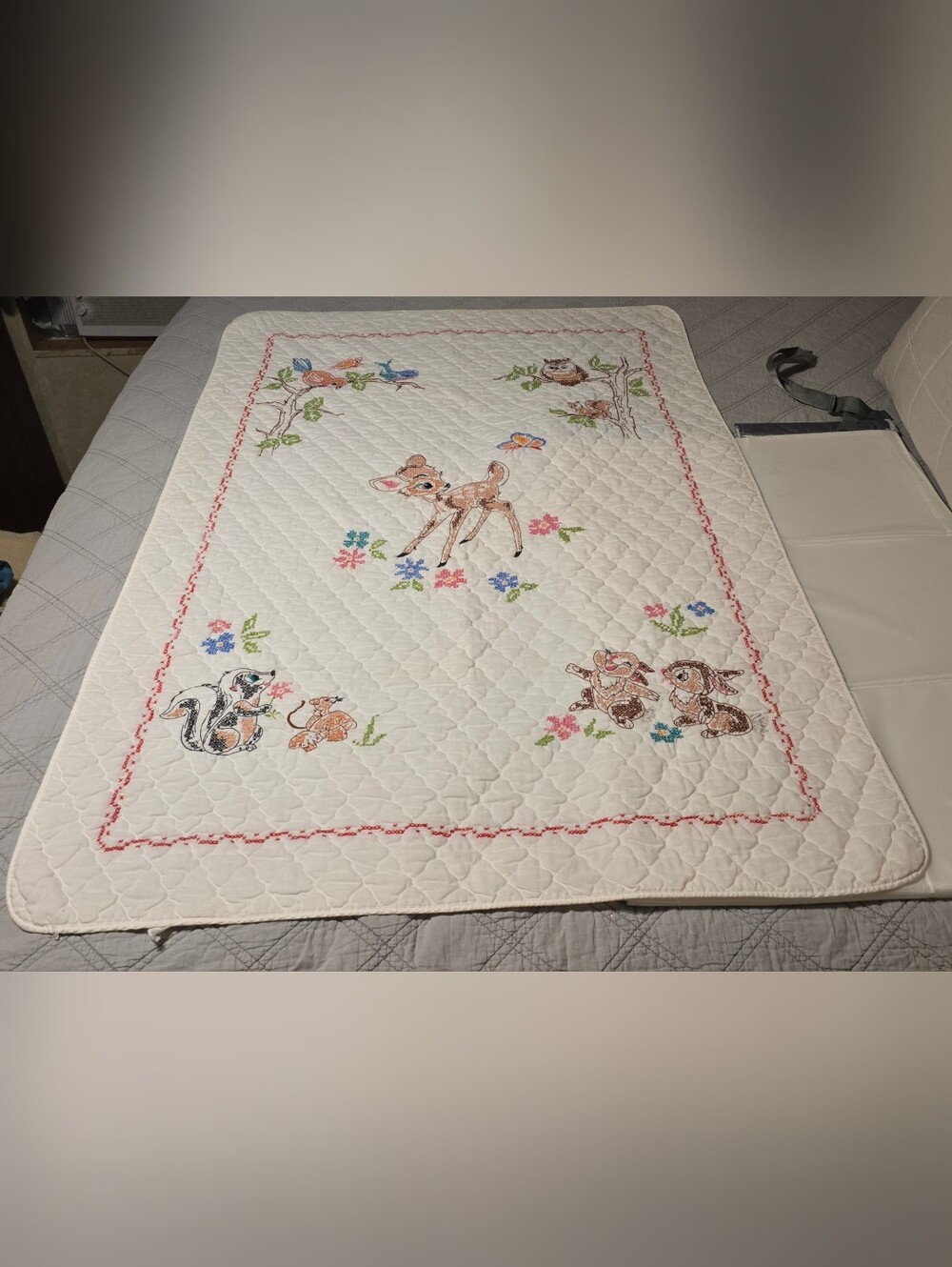 Vintage Disney Bambi Crib Quilt Embroidered Woodland Animals Nursery